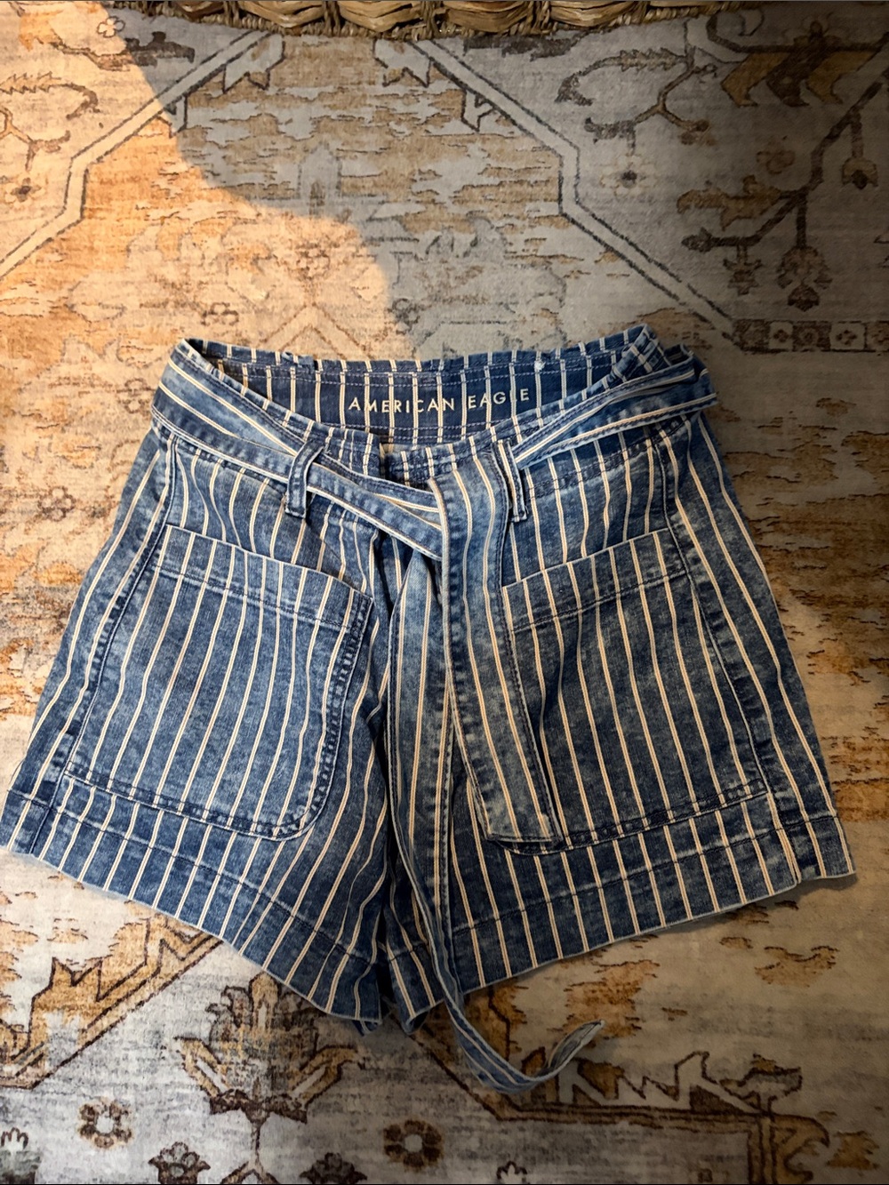 American Eagle Outfitters Blue and White Striped High-Waist Tie-Waist Shorts